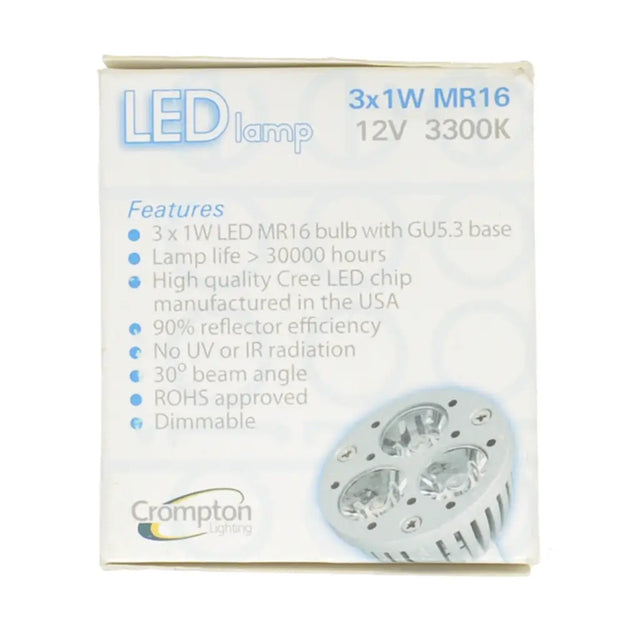 Crompton LED lamp packaging with specifications on a white background