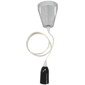 Light fixture with a silver top and black bottom on a white background