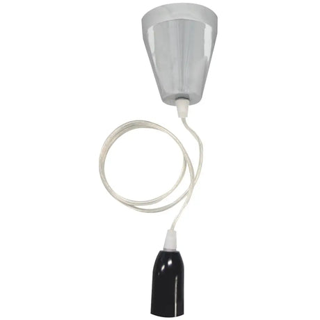 Light fixture with a silver top and black bottom on a white background