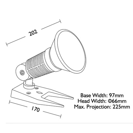 Technical drawing of a spotlight with dimensions labeled