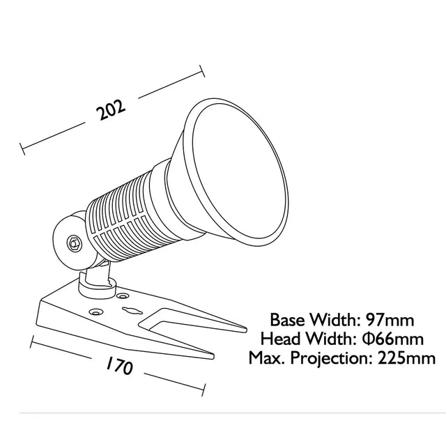 Technical drawing of a spotlight with dimensions labeled