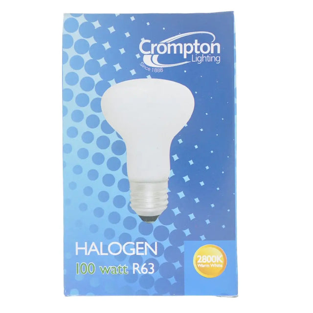 Crompton Lighting halogen bulb packaging on a blue background