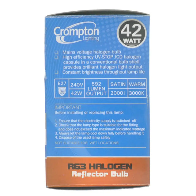 Crompton Lighting R63 Halogen Reflector Bulb packaging on a white background