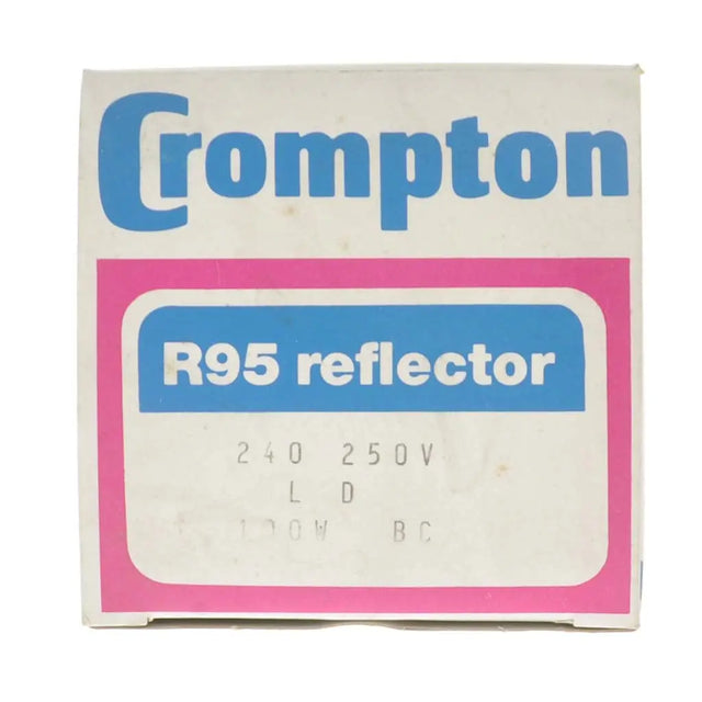 Crompton R95 reflector packaging with blue and pink design on a white background