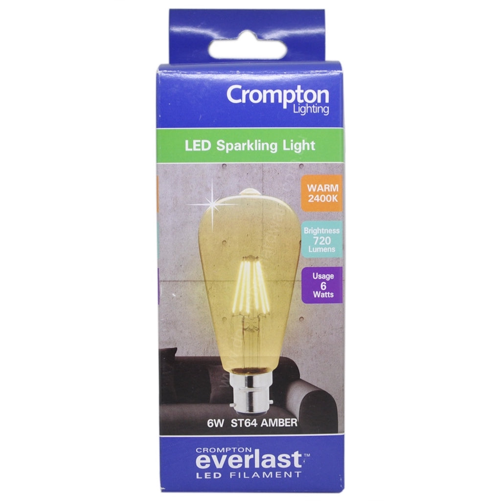 Crompton ST64 Filament LED Light Bulb B22 240V 6W W/W Amber 27696