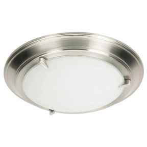 Ceiling light fixture with metallic frame and white glass on a white background
