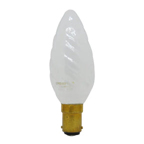 Candle-shaped light bulb with a white glass cover and gold base on a white background