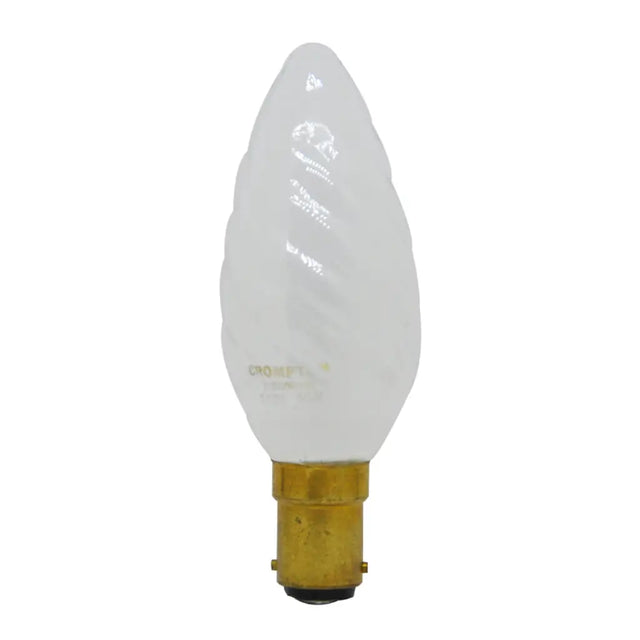Candle-shaped light bulb with a white glass cover and gold base on a white background