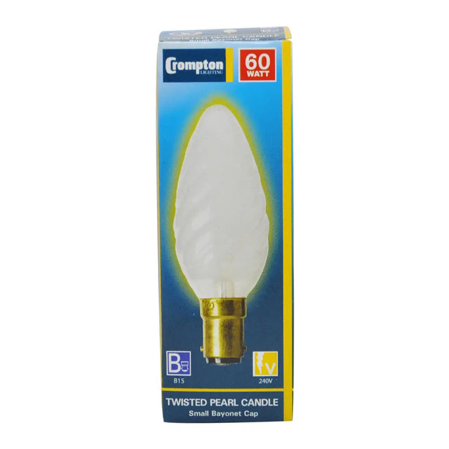 Crompton 60-watt twisted pearl candle light bulb packaging on a white background