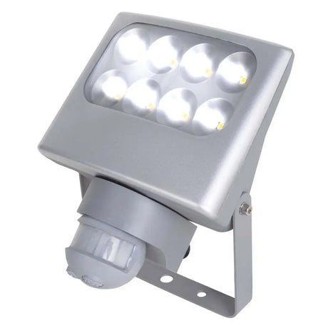 Outdoor floodlight with LED lights and motion sensor on a white background