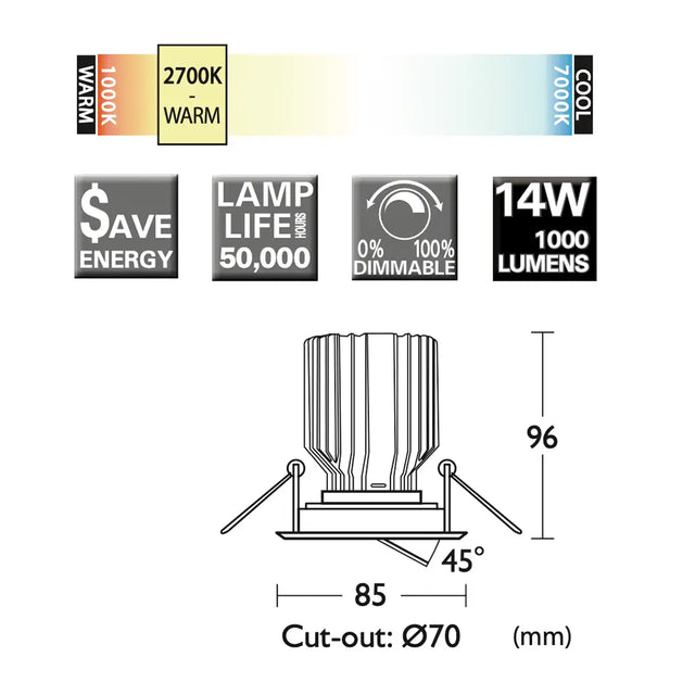 LED downlight fixture with color temperature, energy saving, lamp life, dimmability, wattage, and lumens information.