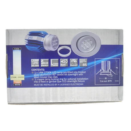 Packaged LED downlight with specifications on a white background