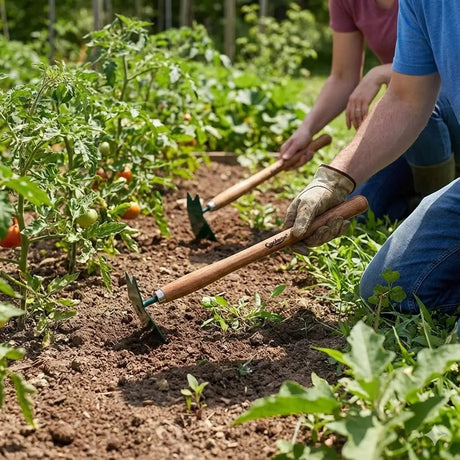 Two people gardening in a field with hoe and plants.