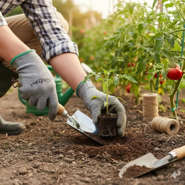 Person planting a small plant in a garden with trowel and tomatoes in the background