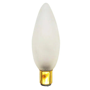 White candle-shaped light bulb with a gold base on a white background