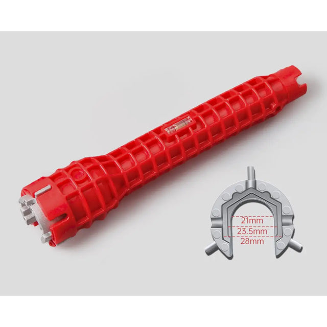 A red plastic pipe cutter with a textured grid pattern, shown alongside a silver metal mandrel with red dimension markings for 21mm, 25.5mm, and 28mm, set against a light gray background.