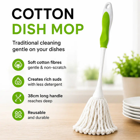 Cotton dish mop with green handle on a wooden surface, featuring text about its benefits.