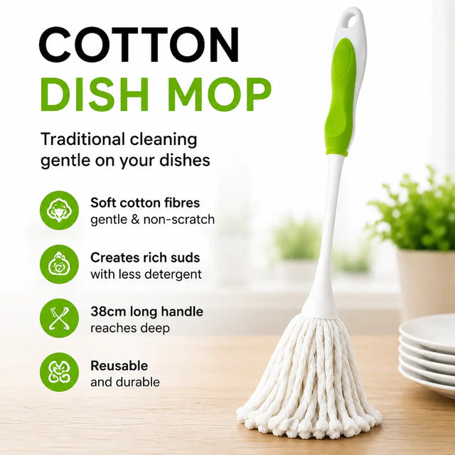 Cotton dish mop with green handle on a wooden surface, featuring text about its benefits.