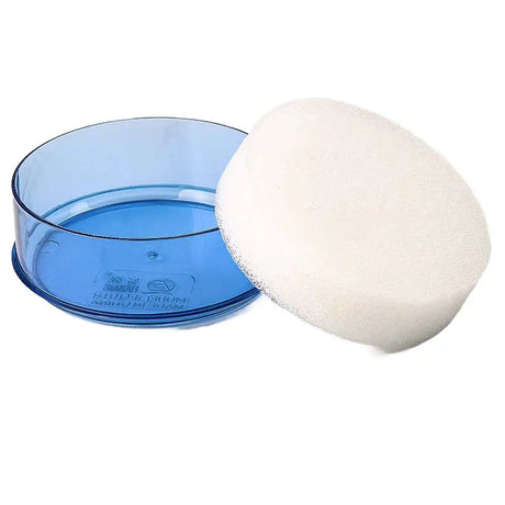 Blue plastic container with a white foam applicator on a white background