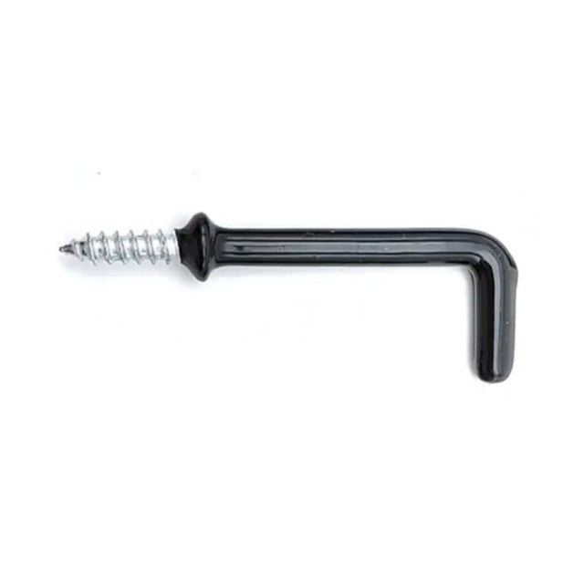 Black metal corner brace with screw on a white background
