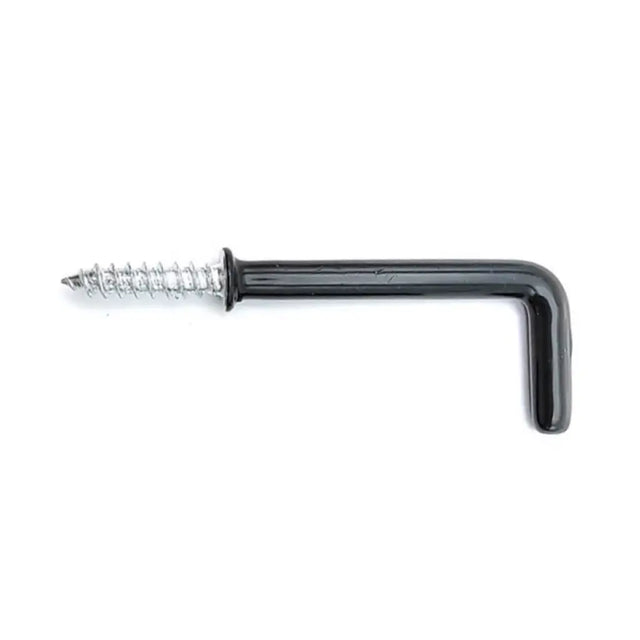 Black metal screw with hex head on a white background