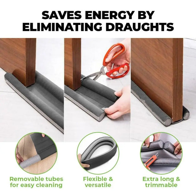 Energy-saving door draft excluder with text highlighting its benefits on a white background.