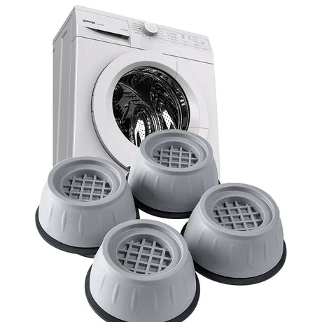 White washing machine with four gray leveling feet on a white background