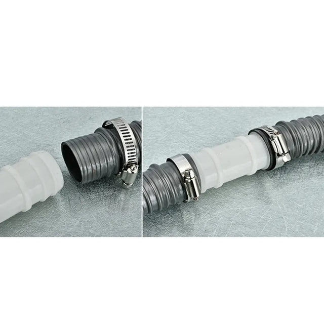 Collage of two views of a flexible hose with metal connectors on a light gray background.