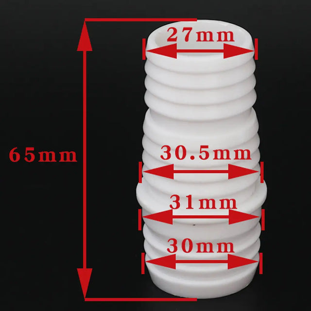 White spiral object with measurements marked in red on a black background