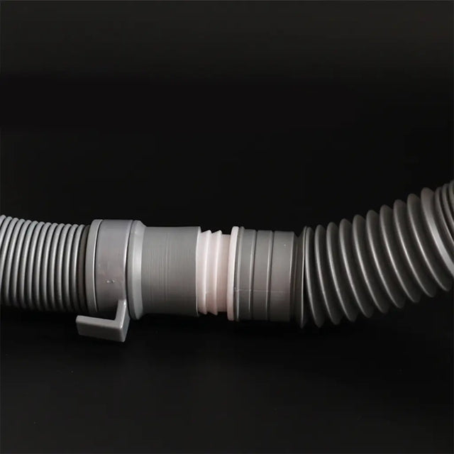 Gray flexible hose with a clamp on a black background