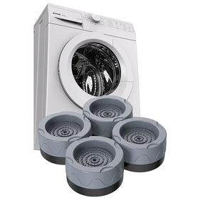 White washing machine with four gray cylindrical objects in front on a white background