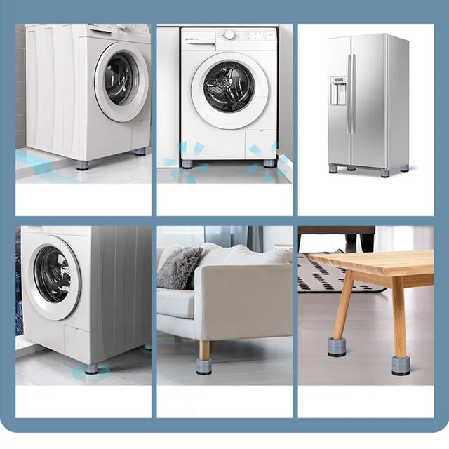 Collage of appliances with leveling feet on a blue border
