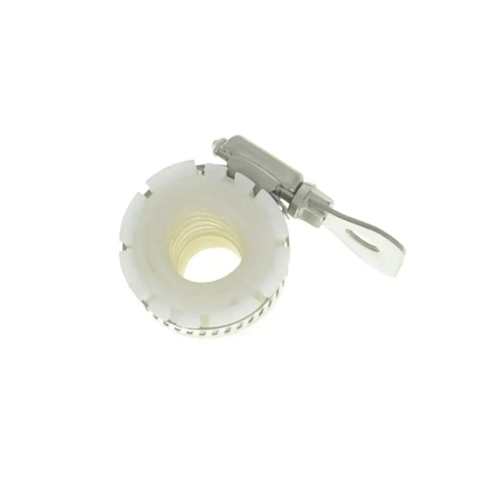 Clear plastic reel with a metal clip on a white background