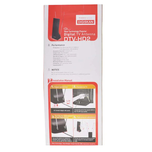 DIGISKAN DTV-HD2 digital TV antenna packaging with installation instructions.
