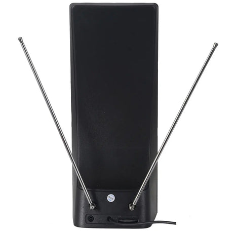 Black TV antenna with two metallic antennas on a white background