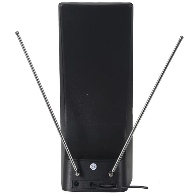 Black TV antenna with two metallic antennas on a white background