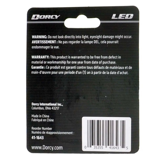 Back of a Dorcy LED product packaging with text and barcode