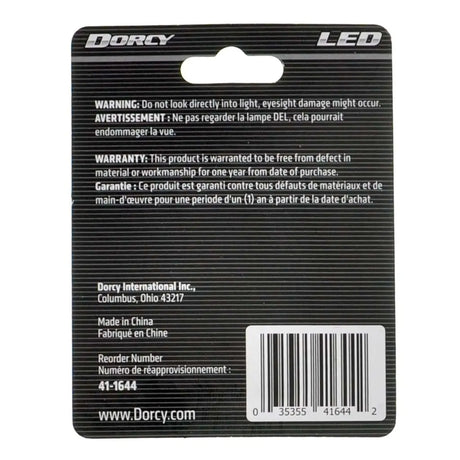 Dorcy LED product packaging with warning and contact information on a white background