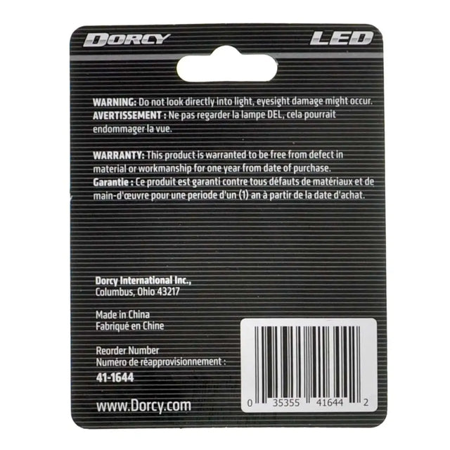 Dorcy LED product packaging with warning and contact information on a white background