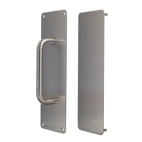 Metal door handle and cover plate on a white background