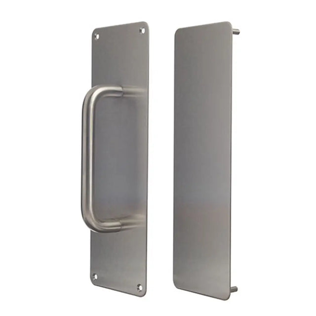 Metal door handle and cover plate on a white background