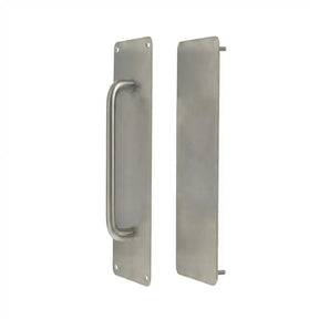 Metal door handle and cover plate on a white background