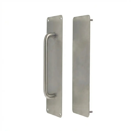 Metal door handle and cover plate on a white background