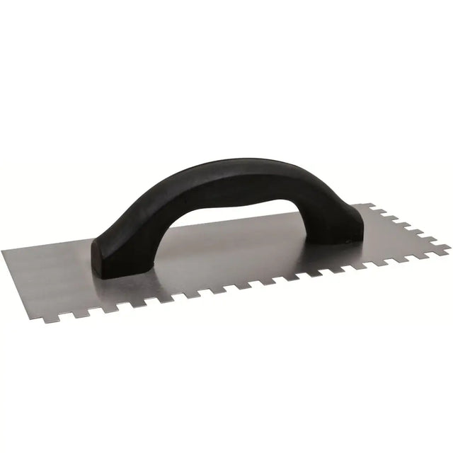 Notched trowel with black handle on a white background