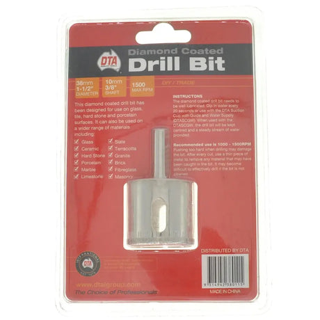 A DTA Diamond Coated Drill Bit in its original retail blister packaging, featuring a red and black card with product specifications and an illustration of the drill bit.