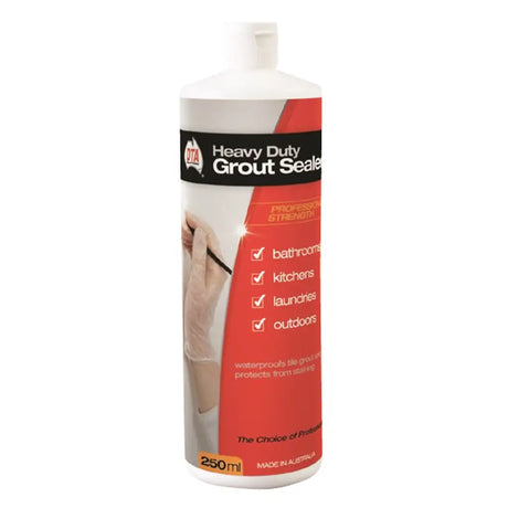 Heavy-duty grout sealer bottle with red and white label on a white background