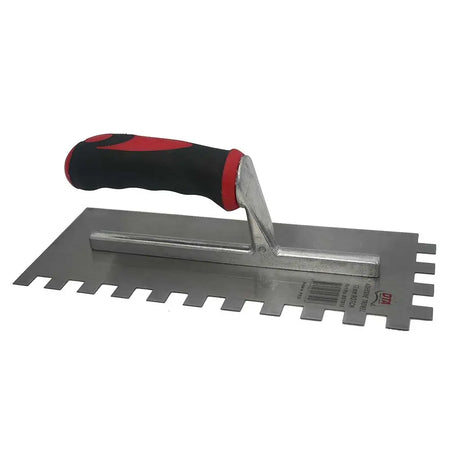 Metal trowel with a red and black handle on a white background