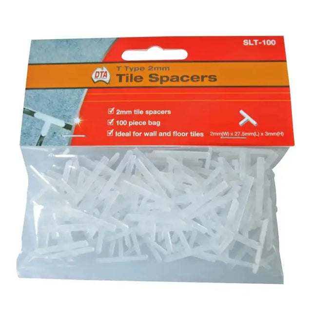 Pack of DTA T-Type 2mm Tile Spacers with clear plastic bag on white background