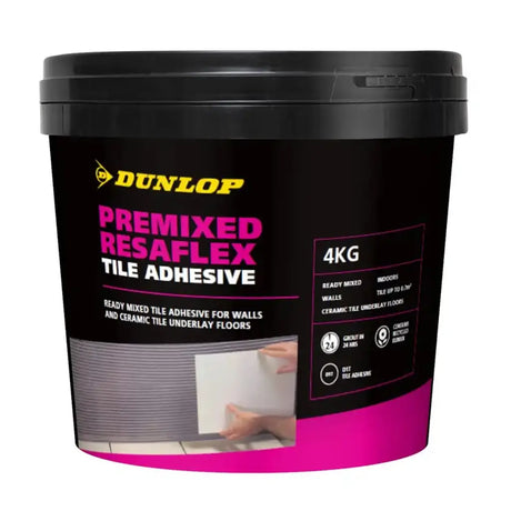 Dunlop Premixed Resaflex Tile Adhesive container on a white background