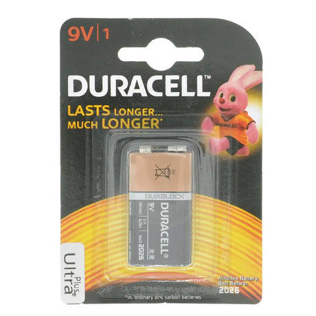 Duracell 9V battery packaging with a cartoon rabbit character on a white background